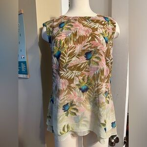 Cabi Tropical Orchid Print Parlor Chiffon Blouse Top Split Back Sleeveless Sz S
